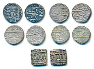 Silver Rupee (5), Akbar, mint name off flan, AH 1000; Shah Jahan, Surat Mint, RY 25; Muham