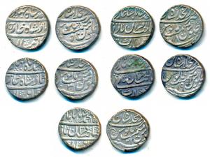 Silver Rupee (5), Muhammad Shah, Dar-ul-Khilafat Shahjahanabad Mint, RY 18, 19 and 21; Ahm