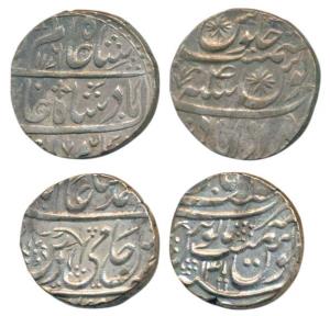 Silver Rupee (2), in the name of Shah Alam II, Muradabad Mint, AH 1176/4; Najibabad Mint, 