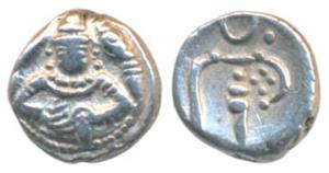 Silver Fanam (Putun), 0.54g, obv. half bust of Shiva facing front with a serpent on each s