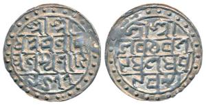 Nara Narayan (SE 1477-1509, 1555-1587 AD), Silver Tanka, 10.25g, Sk 1477, legend in four l