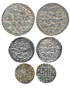 Nara Narayan, Silver Rupee (2), SE 1477; Upendra Narayan, Silver ½ Rupee, legend in Bengal