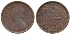 Anand Rao III, Copper ½ Pice, 3.07g, with the name and portrait of Victoria Empress, 1887,