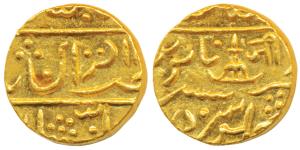 Jayaji Rao, Gold Mohur, Lashkar Mint, in the name of Shah Alam II, upright pointing bow an