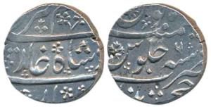 Khujista Bunyad Mint, Silver Rupee, 11.37g, in the name of Alamgir II, RY 6, two flowers o