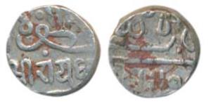Raydhanji II (VS 1835-1870, 1779-1814 AD), Silver ½ Kori, 2.19g, muzaffar legend on obv. (