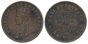 Jaswant Singh (1890-1918 AD), George V, Copper ¼ Anna, 1912. Very Fine+, Scarce.