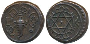Rama Varma VI (ME 1062-1101, 1885-1924 AD), Copper ½ Chuckram, 5g, obv. Sankha or conch sh