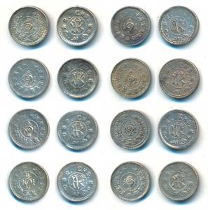 Rama Varma VI, Silver 2 Chuckrams (8), RV monogram on obv., Sankha on rev. (KM 50). Very F
