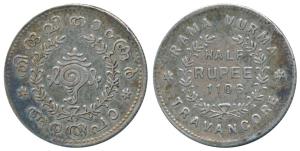 Rama Varma VI, Silver ½ Chitra Rupee, 5.21g, ME 1106, sankha or conch shell on obv., value