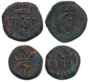 Christian VII (1749-1808), Danish Royal Company, Copper 4 Cash (2), 2.47g and 2.51g, both 