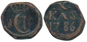 Christian VII, Danish Royal Company, Copper 10 Cash, 6.57g, 1786, obv. crowned C7 monogram
