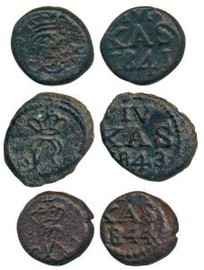 Tranquebar, Christian VIII (1786-1848 AD), Copper 4 Cash, 2.26g, 2.74g and 2.3g, 1841, 184
