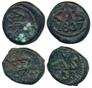 Tranquebar, Fredrick VI (1808 –AD), Copper 4 Cash, 3.28g, 1833 and 1837, obv. crowned FR M