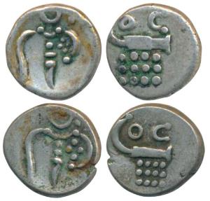 Negapatnam, Silver Fanam (2), obv. degenerated figure of Kali, rev. OC above lazy J, no da