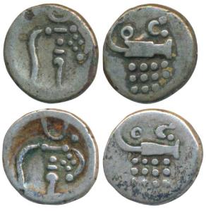 Negapatnam, Silver Fanam (2), obv. degenerated figure of Kali, rev. OC above lazy J, no da