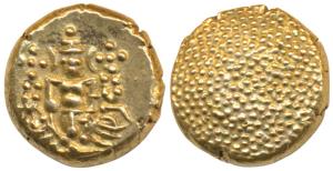 Negapatnam, Gold Pagoda, 3.39g, Lazy J with Lord Vishnu standing, facing front on obv., gr