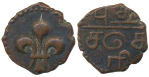 Copper Doudou, 4.2g, obv. fleur-de-lis, rev. mint name in tamil, 1720-1835 issue (KM 35). 