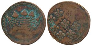 Bronze Fanon, 9.38g, obv. a large crown, rev. 9 fleur-de-lis, no date, issue of 1723 (KM 4