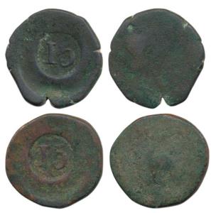 Maria II (1826-1828 & 1834-1853 AD), Copper 15 Reis (2), Countermarked coinage, numerals 1