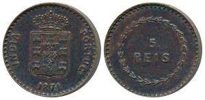Goa, Colonial Issue, Copper 5 Reis, 1871, (KM 302). About Uncirculated, Scarce.