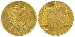 Gold Gilt Copper Proof 2 Pice / 8 Reas, 1791, bale mark with date below on obv., Scales on