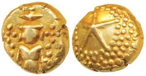 Star Gold Pagoda, 3.35g, single Swami standing facing front on obv, star on a granulated b