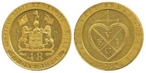Gold Gilt Dub or 1/48 Rupee, 13.84g, 1794, coat of arms of the EIC on obv., bale mark on r