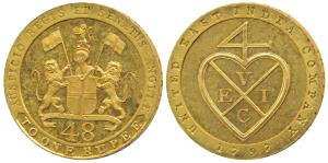 Gold Gilt Dub or 1/48 Rupee, 13.87g, 1797, coat of arms of the EIC on obv., bale mark on r