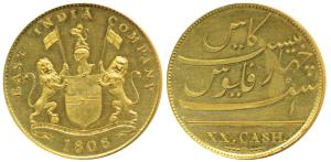 Gold Gilt 20 Cash, 9.21g, coat of arms of the EIC and date 1808 on obv., value in English 