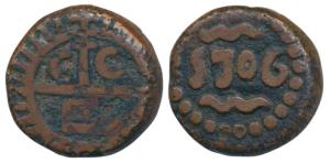 Copper Dudu (10 Cash), 7.14g, 1706, bale mark with CCE on obv., date with wavy lines on re