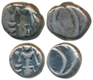 Silver Fanam and Double Fanam, reduced weight, crude, Vishnu standing on obv., interlocked