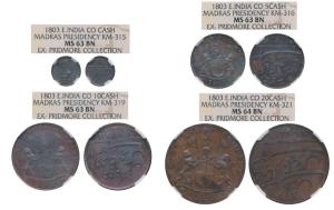 Copper 20, 10, 5 and 1 Cash, the first three: coat of arms of the EIC and date 1803 on obv