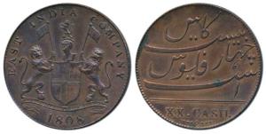 Copper 20 Cash, 9.51g, coat of arms of the EIC and date 1808 on obv., value in English on 