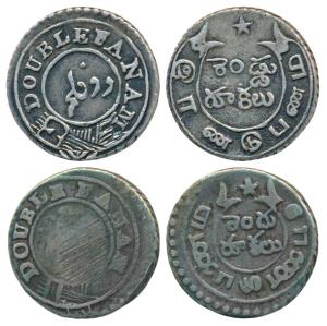 Silver Double or 2 Fanams, 1.84g, 2nd issue, 1808, oblique milling, the first square buckl