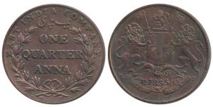 Copper ¼ Anna, 1835, Bombay Mint, 30 Berries (15 L+15 R), large loops to the ribbon bow, s