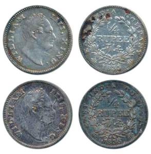 William IV, Silver ¼ Rupee, 1835, Calcutta Mint, F incuse, Wreath with 19 Berries (10L+9R)