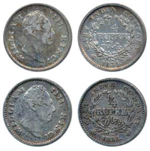 William IV, Silver ¼ Rupee, 1835, Calcutta Mint, Dug out F incuse & F raised, both with Wr