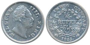 William IV, Silver ¼ Rupee, 1835, Calcutta Mint, F raised, Wreath with 18 Berries (10L+8R)
