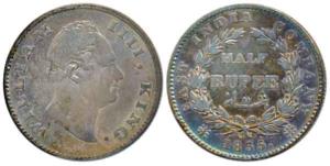 William IV, Silver ½ Rupee, 1835, Calcutta Mint, F incuse, 21 Berries, (Prid 68). Fine+, S