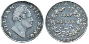 William IV, Silver ½ Rupee, 1835, Calcutta Mint, F incuse, 20 Berries, (Prid 69). Very Fin