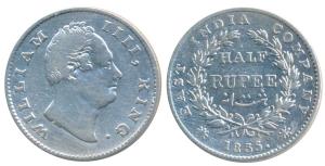 William IV, Silver ½ Rupee, 1835, Calcutta Mint, F incuse, 19 Berries, (Prid 70). Very Fin