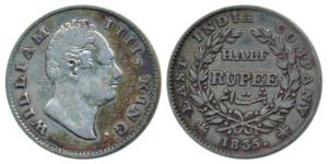 William IV, Silver ½ Rupee, 1835, Calcutta Mint, F raised, 19 Berries, (Prid 71). Fine+, R