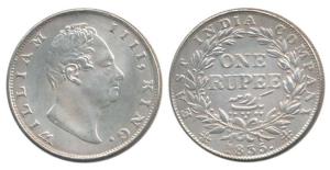 William IV, Silver Rupee, 1835, Calcutta Mint, Dug out ’F’ incuse, A / III, Bud leaves, 19