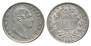 William IV, Silver Rupee, 1835, Calcutta Mint, Dug out ’F’ incuse, A / III, Bud leaves, 19