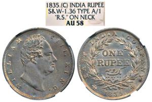 William IV, Silver Rupee, 1835, Calcutta Mint, RS incuse, C / II, Extremely thin letters a
