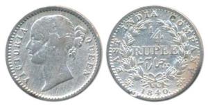 Victoria Queen, Silver ¼ Rupee, 1840, Divided legend, Calcutta Mint, Mule, ww raised, rev.