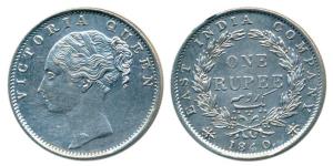 Victoria Queen, Silver Rupee, 1840, Continuous legend, Bombay Mint, English Head with Modi