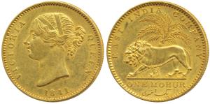 Victoria Queen, Gold Mohur, 11.66g, 1841, Divided legend, WW incused on truncation, cross 