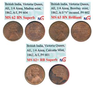 Victoria Queen, Copper ¼ Anna (3), 1862, Bombay Mint A / I / ’V’ incused; Calcutta Mint, A